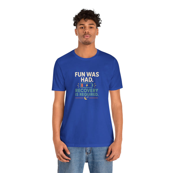 Royal blue crew-neck T-shirt with "Recovery is required" message graphic on chest
