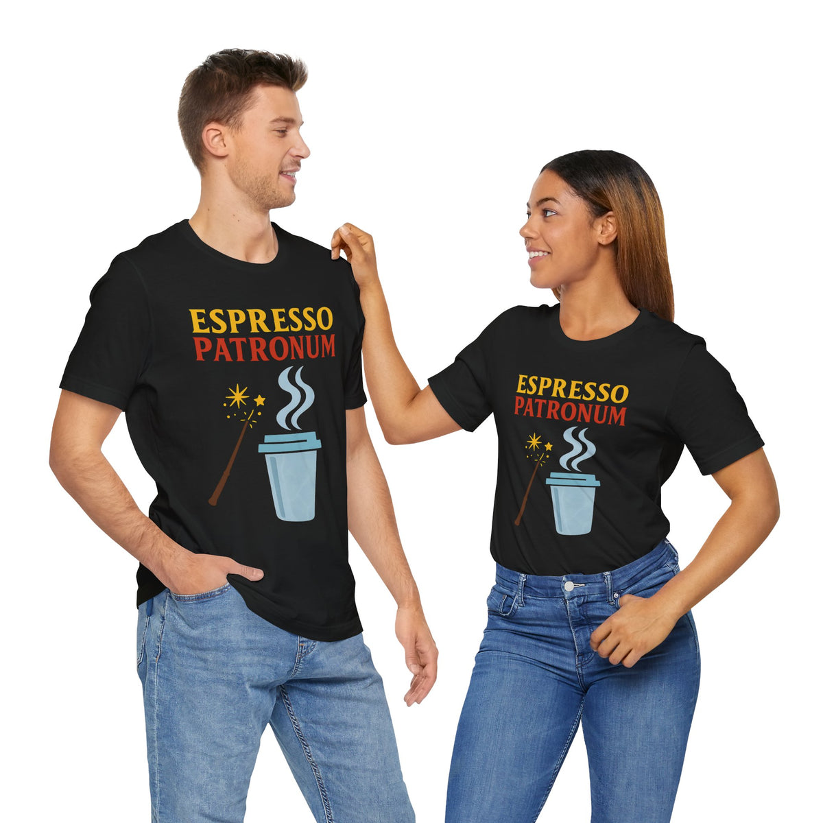 Black short-sleeve T-shirt with “ESPRESSO PATRONUM” coffee graphic, worn by two people
