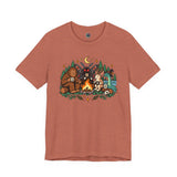 Rust crewneck t-shirt with colorful campfire cryptid graphic with trees and stars