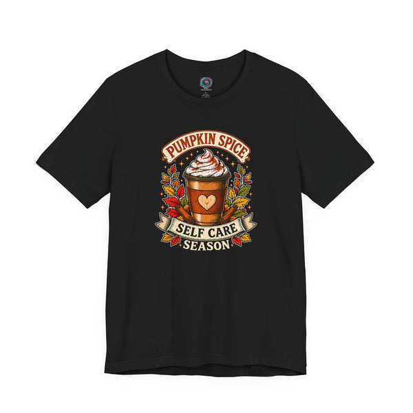 Black T-shirt with "Pumpkin Spice" and "Self Care Season" graphic centered on chest