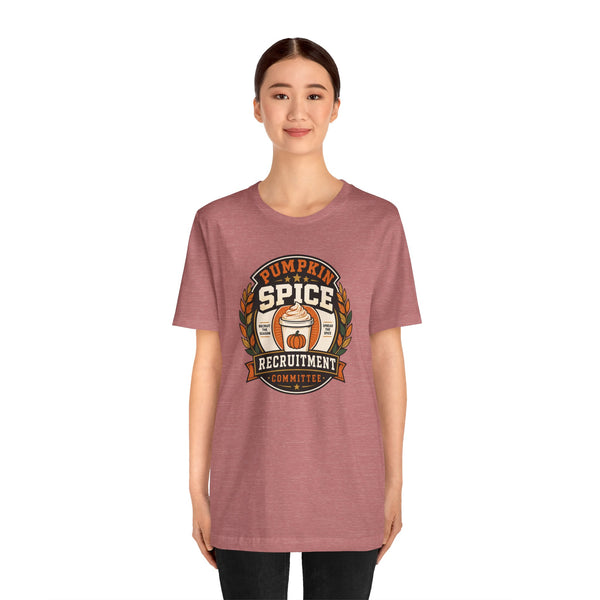 Mauve crew-neck T-shirt with Pumpkin Spice Recruitment Committee emblem centered