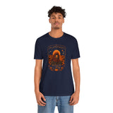 Navy crew-neck T-shirt with orange “Pumpkin Spice Life” graphic print on center chest.