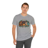 Heather gray crewneck T-shirt with colorful campfire cryptid graphic, relaxed fit