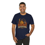 Navy T-shirt on man with witch-hat pumpkin “Gourd Intentions” front graphic