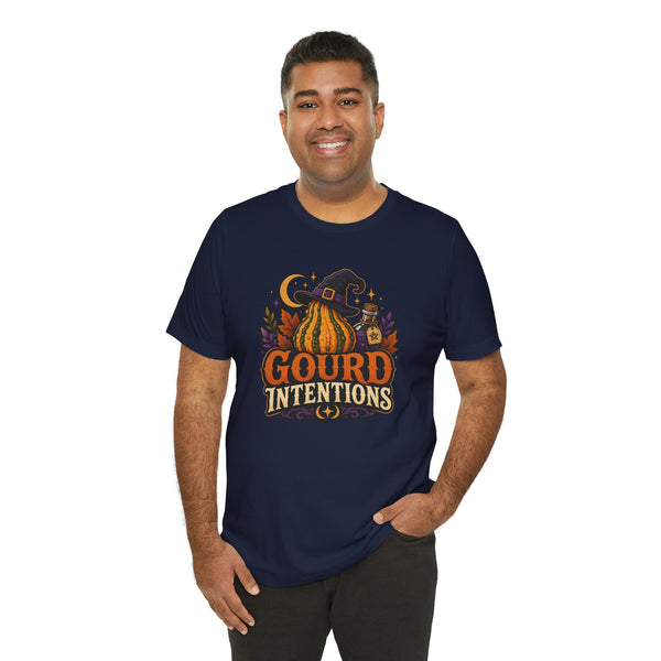 Navy T-shirt on man with witch-hat pumpkin “Gourd Intentions” front graphic