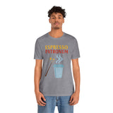 Heather gray t-shirt featuring “ESPRESSO PATRONUM” lettering and coffee cup illustration