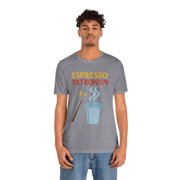 Heather gray t-shirt featuring “ESPRESSO PATRONUM” lettering and coffee cup illustration