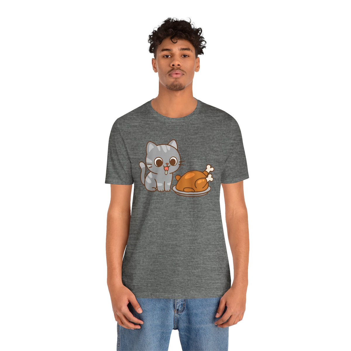 Charcoal heather crew-neck T-shirt with cat and turkey graphic
