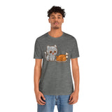 Charcoal heather crew-neck T-shirt with cat and turkey graphic