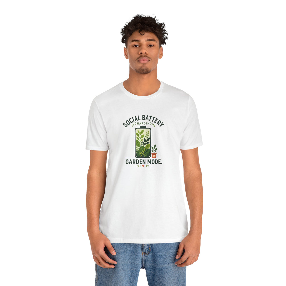 White garden mode t-shirt on male model, 'Social Battery' charging plant print