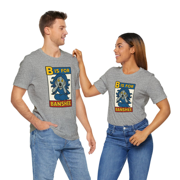 Gray crew-neck T-shirt with colorful "B is for Banshee" alphabet graphic