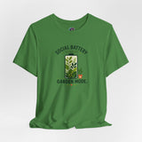 Bright green crew-neck T-shirt with “SOCIAL BATTERY” and “GARDEN MODE” plant print