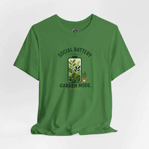 Bright green crew-neck T-shirt with “SOCIAL BATTERY” and “GARDEN MODE” plant print