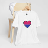 White crew-neck T-shirt with bisexual pride flag heart graphic on the front panel.
