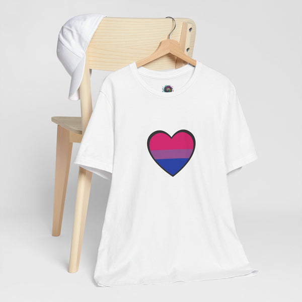 White crew-neck T-shirt with bisexual pride flag heart graphic on the front panel.