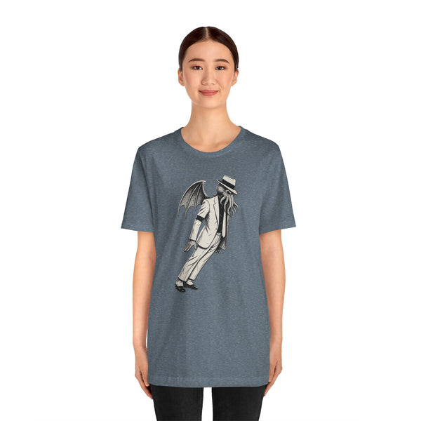 Heather slate unisex graphic t-shirt on model, front view with skeleton bat print