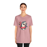 Lavender-pink shark and flamingo floatie graphic T-shirt, short sleeves, crew neck