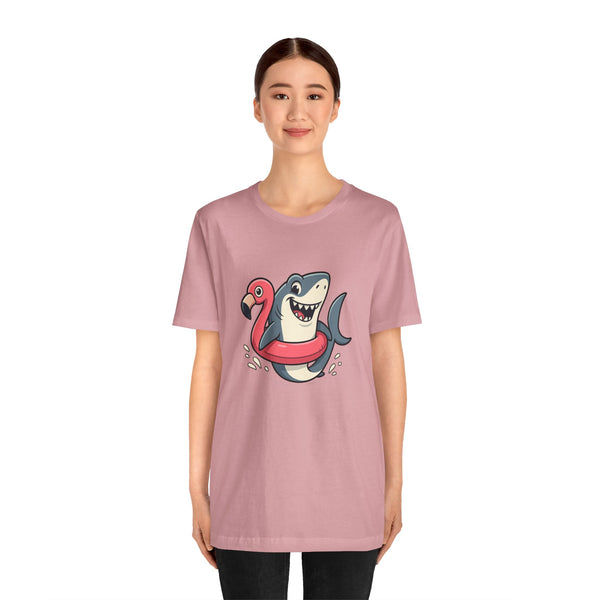 Lavender-pink shark and flamingo floatie graphic T-shirt, short sleeves, crew neck