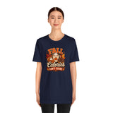 Navy crew-neck T-shirt featuring “FALL Calories DON’T COUNT” chest print