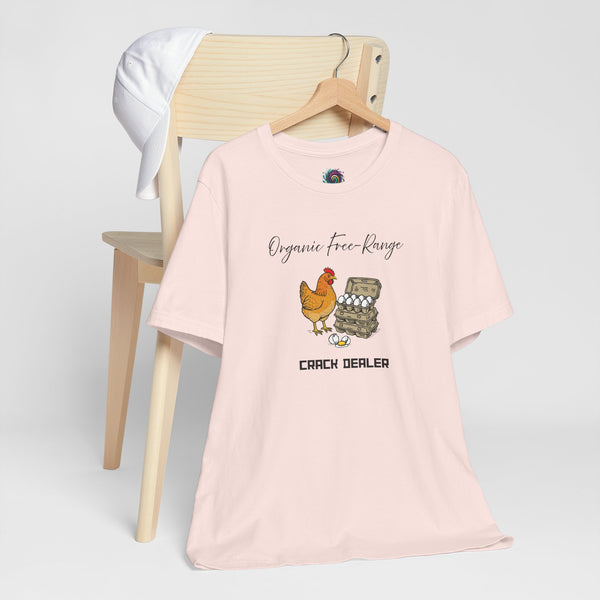 Soft pink crewneck T-shirt with chicken and egg graphic on front, short sleeves
