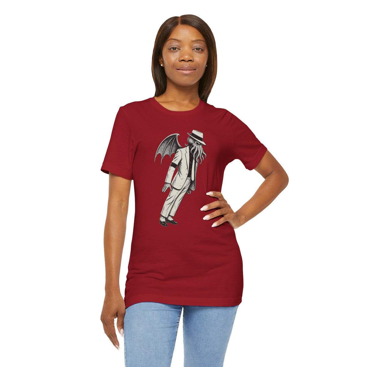 Red crewneck t-shirt with grey Cthulhu-style graphic print and crew neckline