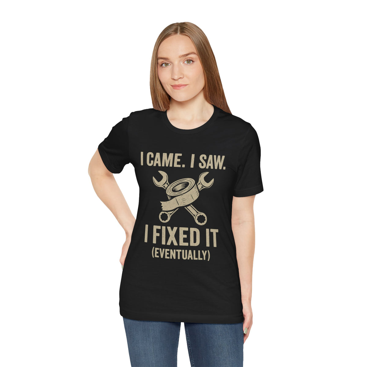 Black crew-neck short-sleeve T-shirt with “I Came, I Saw I Fixed It” graphic front
