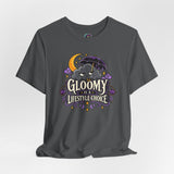 Dark gray crewneck T-shirt with rainbow-and-moon 'Gloomy is a Lifestyle Choice' print