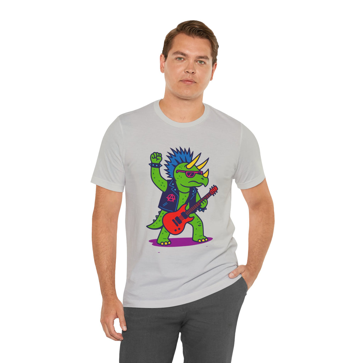 Heather gray T-shirt with punk triceratops and red electric guitar chest graphic