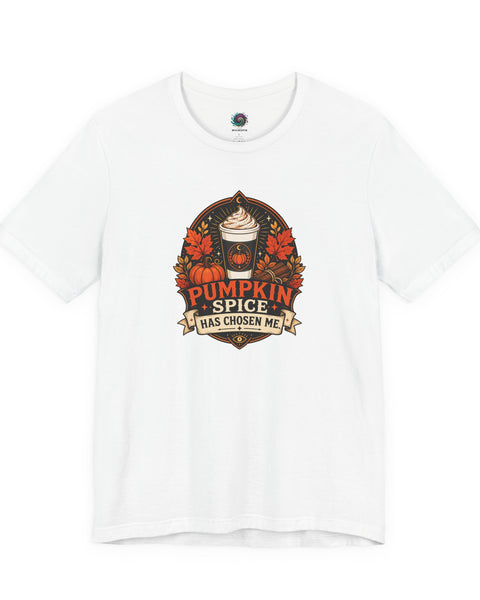 White crew-neck T-shirt with “Pumpkin Spice Has Chosen Me” graphic