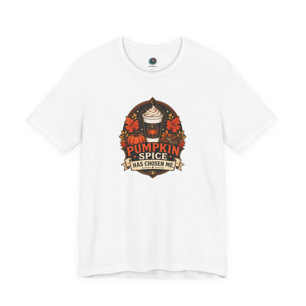 White crew-neck T-shirt with “Pumpkin Spice Has Chosen Me” graphic