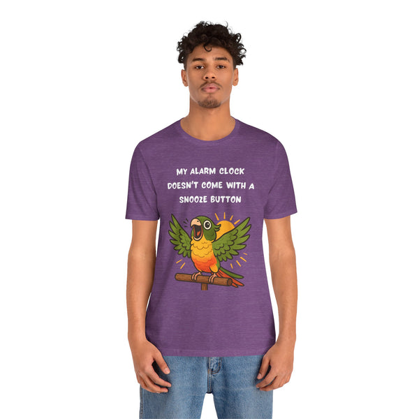 Purple crew-neck t-shirt with parrot graphic and “My alarm clock” text on chest
