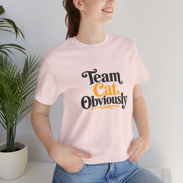 Soft pink crew-neck t-shirt with “Team Cat Obviously” cat graphic print on front