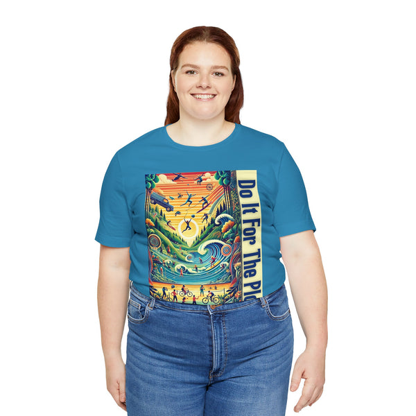 Blue graphic T-shirt with colorful square panel and vertical typography print