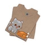 Brown crewneck t-shirt with cat and turkey front graphic, short sleeves