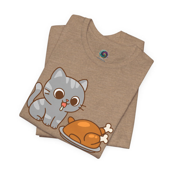 Brown crewneck t-shirt with cat and turkey front graphic, short sleeves