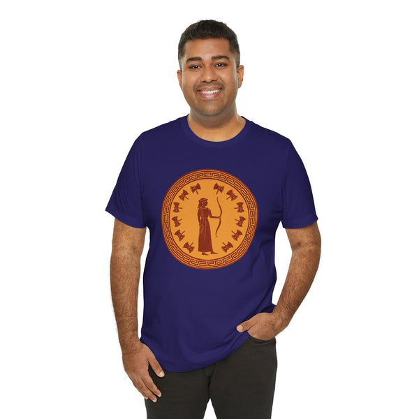 Navy crewneck T-shirt with centered orange circular Greek-style figure logo