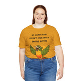 Mustard crewneck t-shirt with a cartoon parrot and 