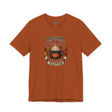 Burnt orange crew-neck T-shirt with colorful pumpkin-spice coffee graphic on the chest