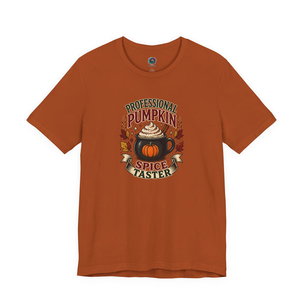 Burnt orange crew-neck T-shirt with colorful pumpkin-spice coffee graphic on the chest
