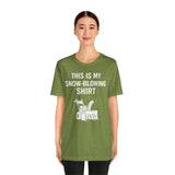 Green crew-neck graphic T-shirt with snow-blowing text and snowblower icon, front view