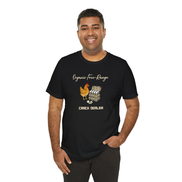 Black graphic T-shirt on model with chicken-and-eggs illustration on the chest