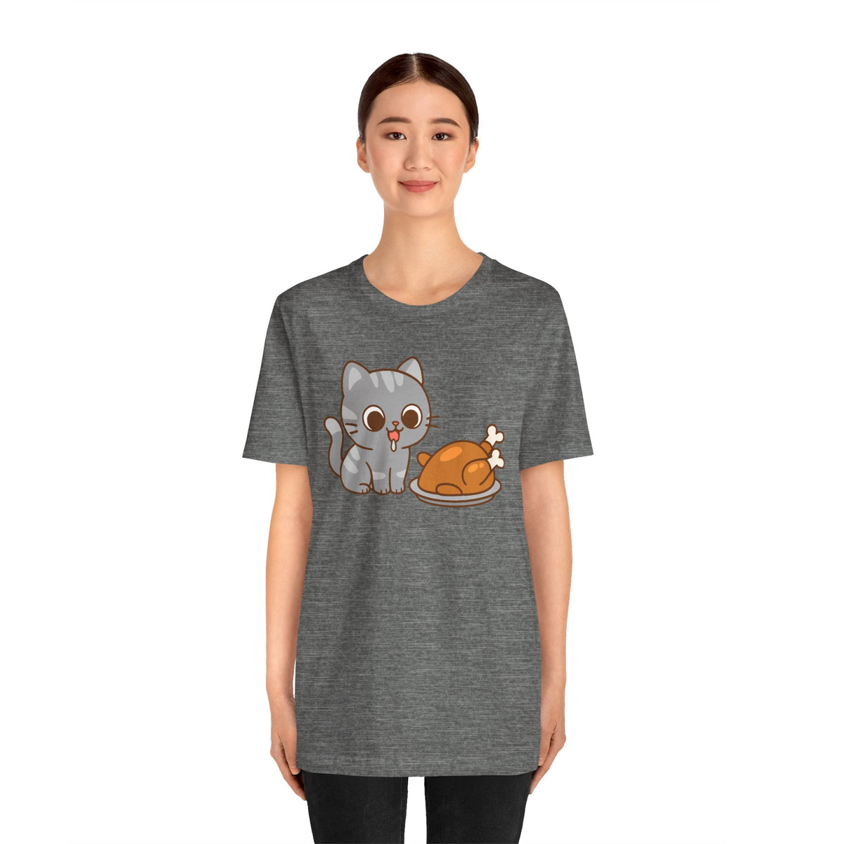 Charcoal heather T-shirt, crew neck, cat and turkey graphic front