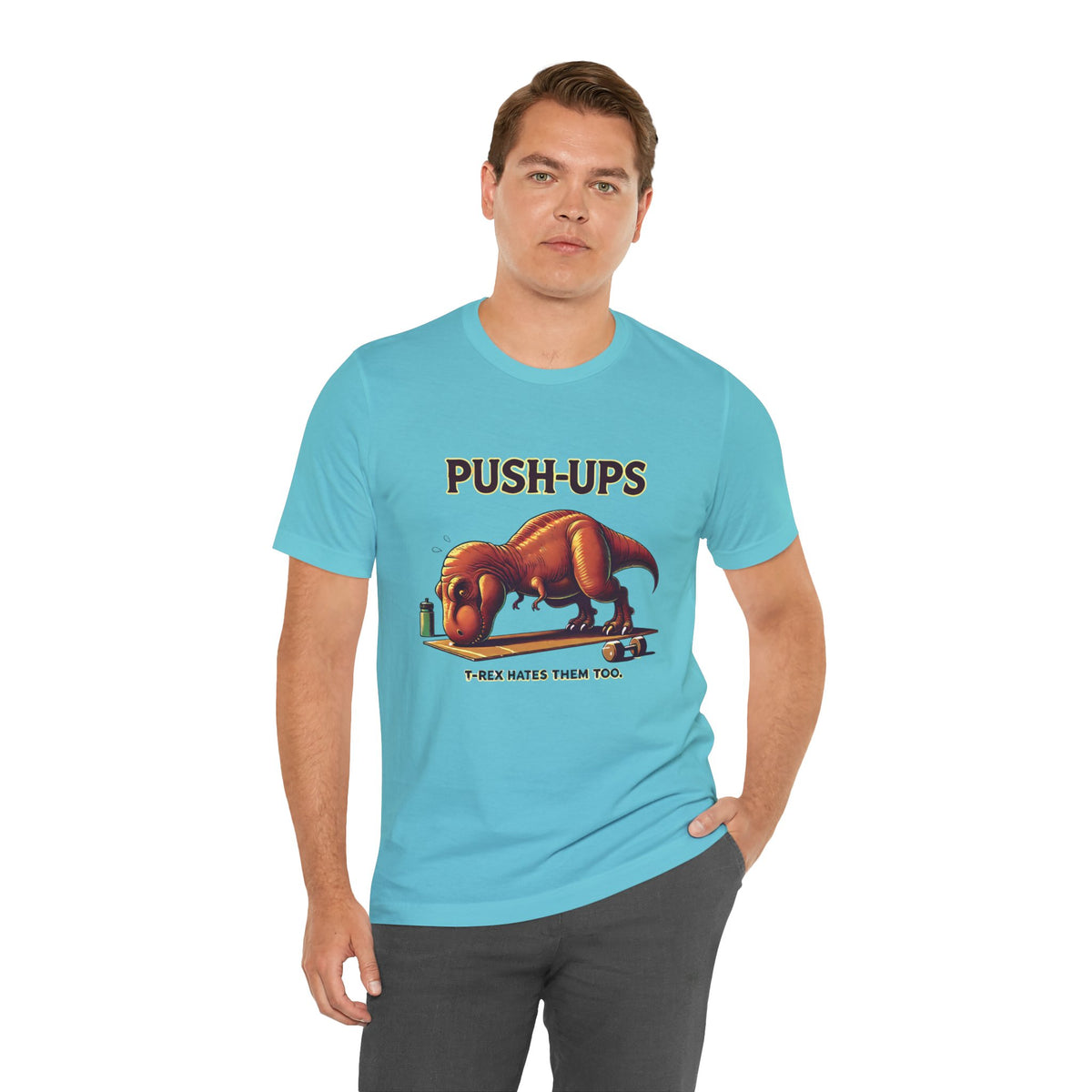 Turquoise T-shirt with T-rex 'Push-Ups' front graphic, worn by man