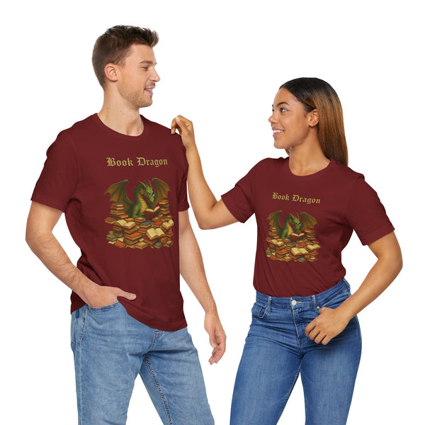 Burgundy Book Dragon T-shirt on two people, featuring dragon over stacked books