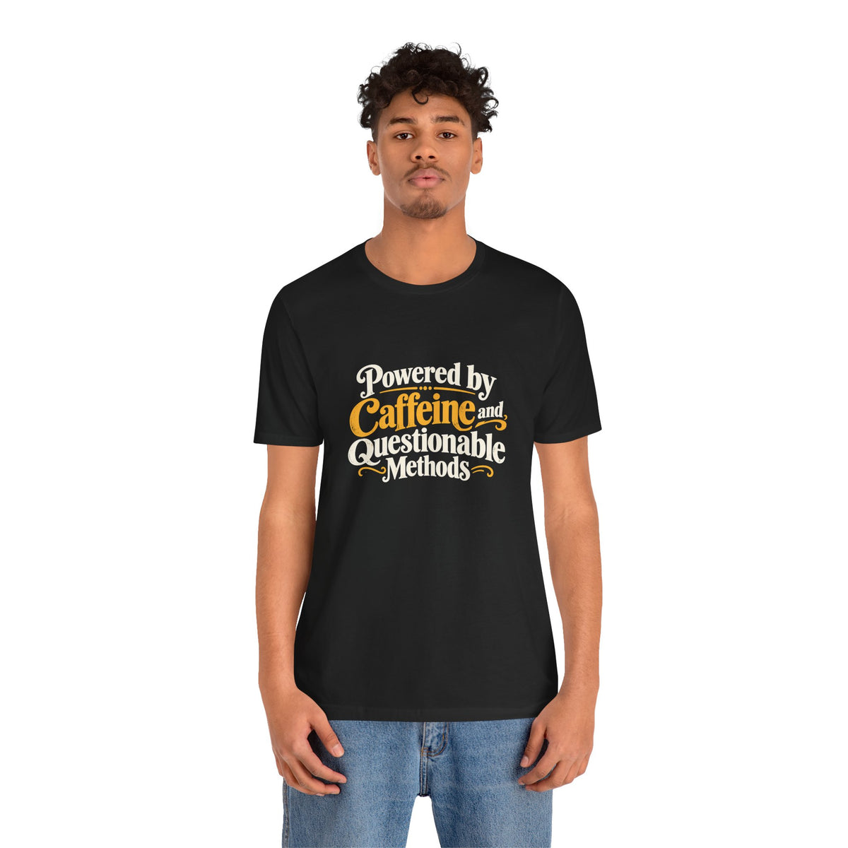 Black crewneck T-shirt with caffeine methods graphic, model wearing