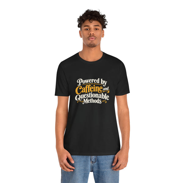 Black crewneck T-shirt with caffeine methods graphic, model wearing