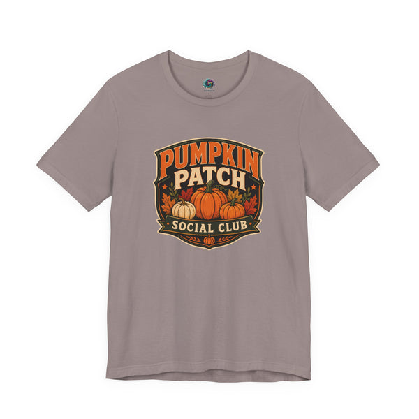Gray-brown graphic T-shirt with Pumpkin Patch Social Club pumpkin logo