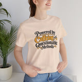 Soft cream crewneck T-shirt with coffee science slogan graphic, model wearing