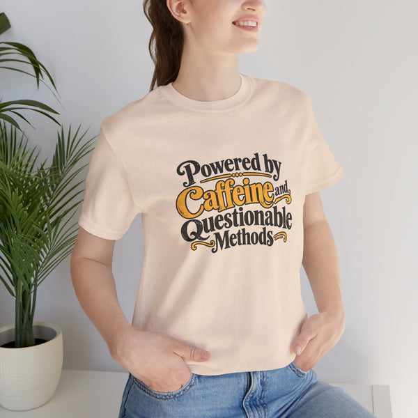 Soft cream crewneck T-shirt with coffee science slogan graphic, model wearing