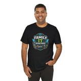 Black crewneck T-shirt with “Family IT Department” chest graphic on a man